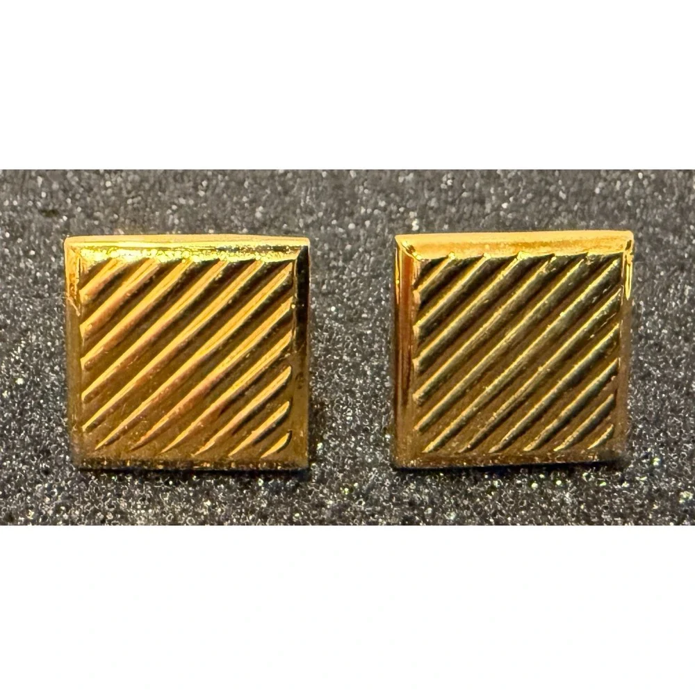 Vintage Gold Tone Geometric Ribbed Square Cufflink Set Cuff Link